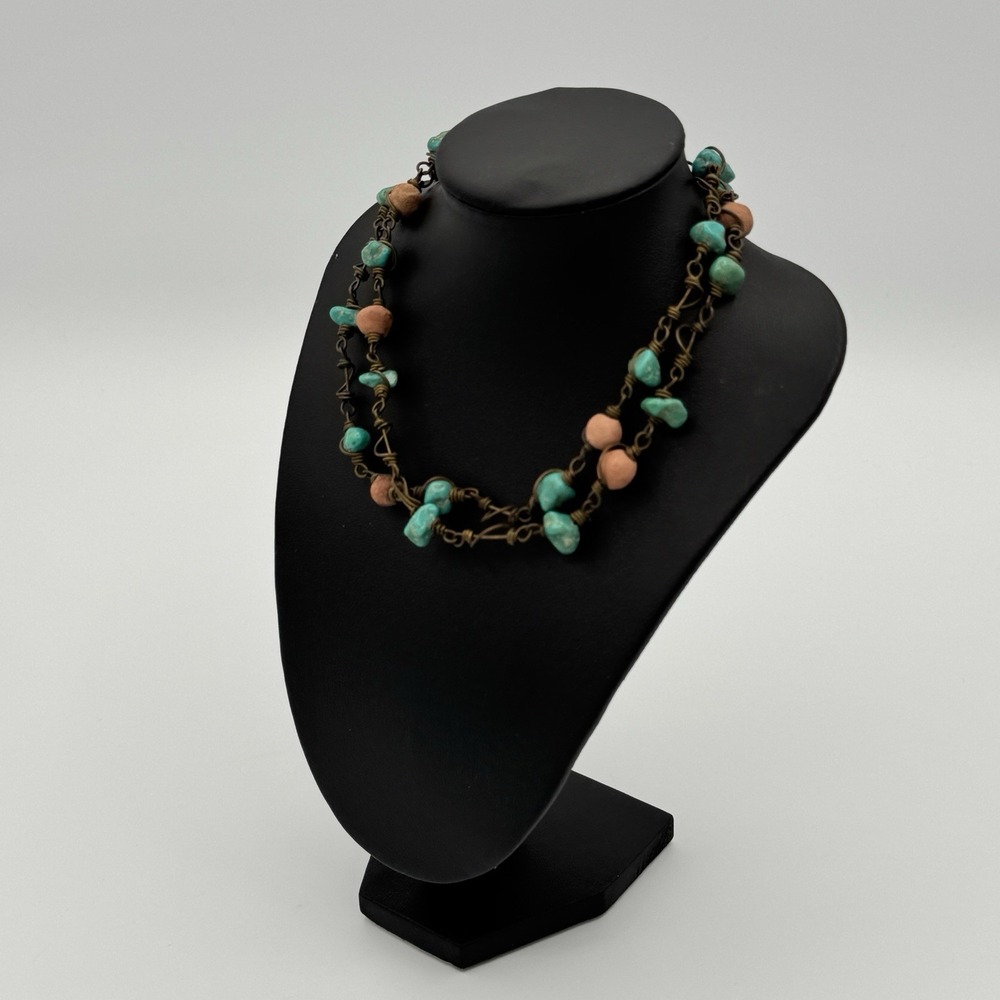 Vintage Turquoise Stone Necklace Beaded Boho Southwestern Wire Wrapped READ